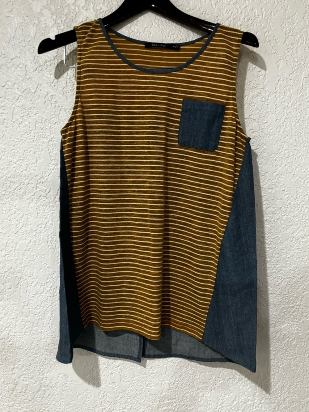 Doe & Rae Mustard Striped Short Sleeve Tee with Blue Chambray Pocket